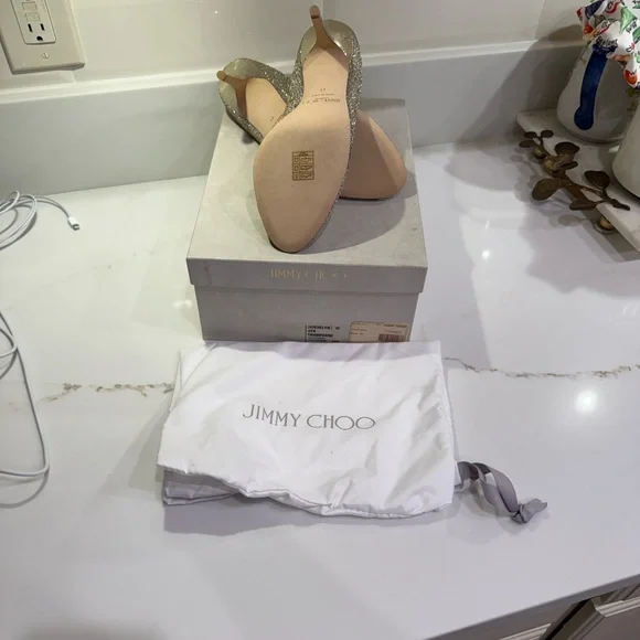 Jimmy Choo Glittering Champagne Peep-Toe Heels - Picture 8 of 10